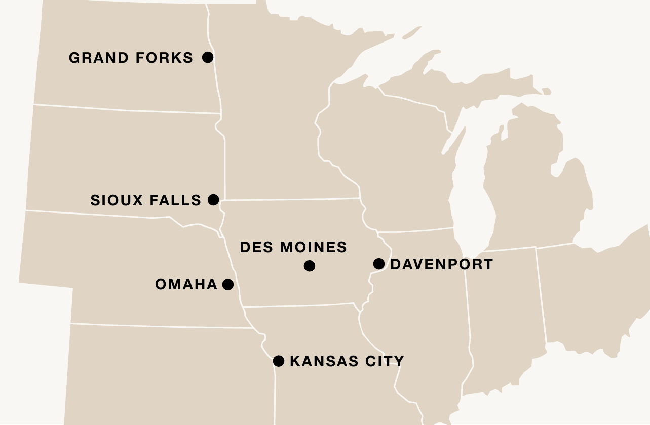 Monitor Finance markets: Grand Forks, Sioux Falls, Des Moines, Davenport, Omaha, and Kansas City